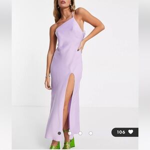 ASOS DESIGN one shoulder midaxi dress in satin with drape back in lilac